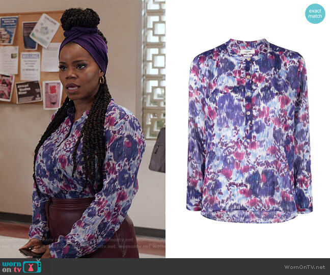 Isabel Marant Maria abstract-print blouse worn by Amara Patterson (Kelly Jenrette) on All American Homecoming