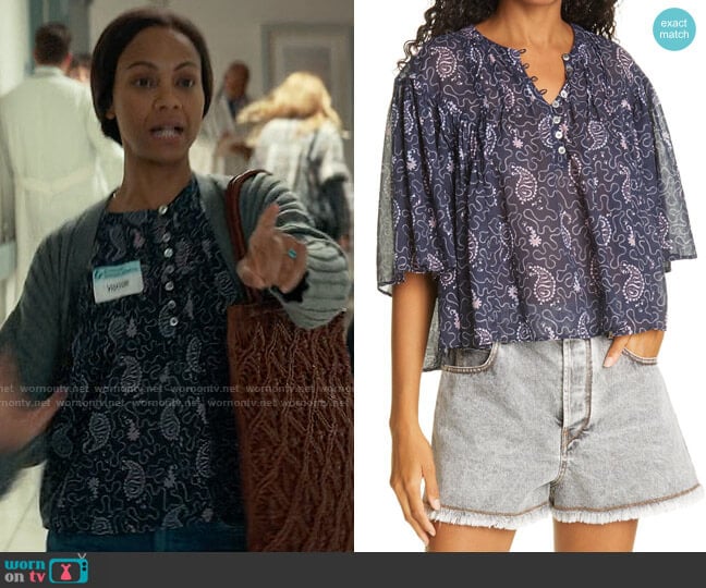 Etoile Isabel Marant Algari Paisley Mix Print Cotton Peasant Top worn by Amy Wheeler (Zoe Saldana) on From Scratch