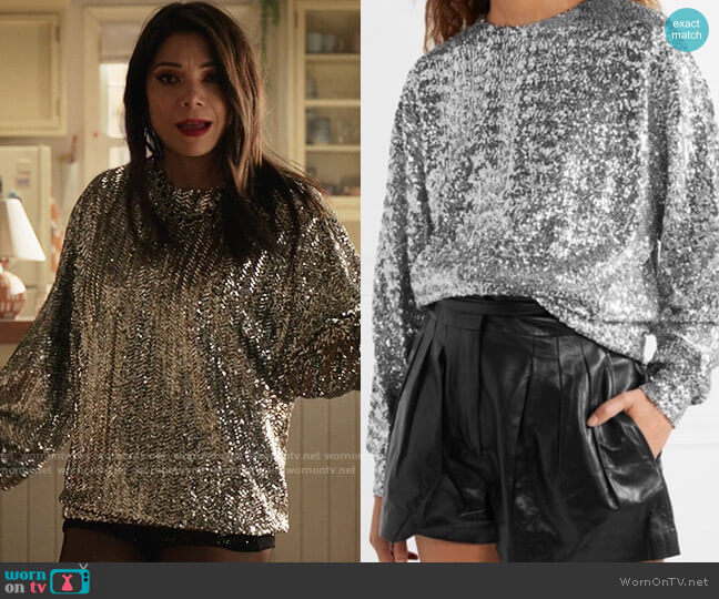 Isabel Marant Olivia Sequin Top worn by Nikki Ramos (Ginger Gonzaga) on She-Hulk Attorney at Law