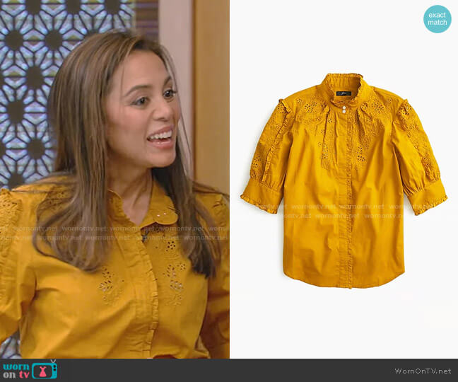 J. Crew Mockneck embroidered blouse worn by Dr. Holly Phillips on Live with Kelly and Ryan