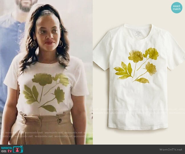 J. Crew Vintage cotton crewneck T-shirt with tonal flowers worn by Darla (Bianca Lawson) on Queen Sugar