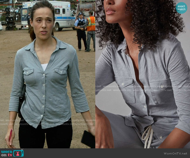 James Perse Sheer Slub Side Panel Shirt in Breeze worn by Kim Burgess (Marina Squerciati) on Chicago PD