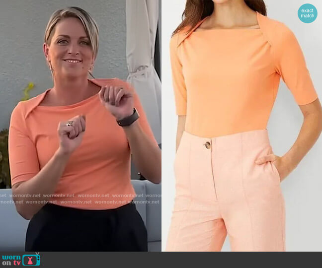 Ann Taylor Refined Stretch Envelope Neck Top in Pale Clementine worn by Jamie Yuccas on CBS Mornings