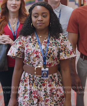 Janine's pink floral print midi dress on Abbott Elementary