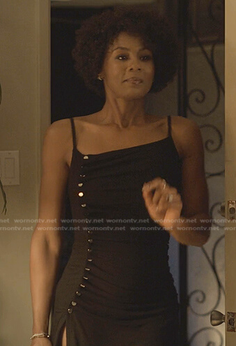 Jax's black button ruched dress on Reasonable Doubt