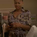 Jax’s purple printed wrap dress on Reasonable Doubt