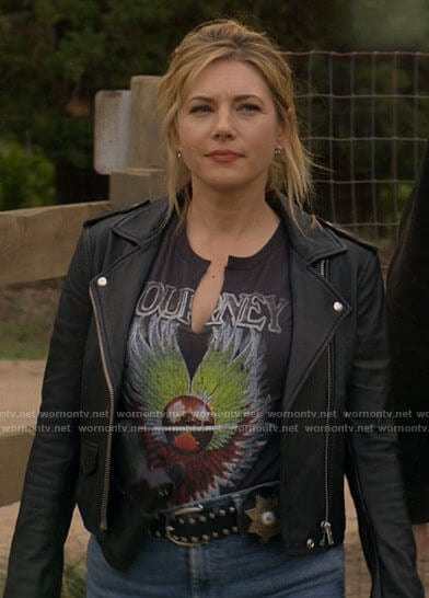 Jenny’s black Journey graphic tee and leather jacket on Big Sky