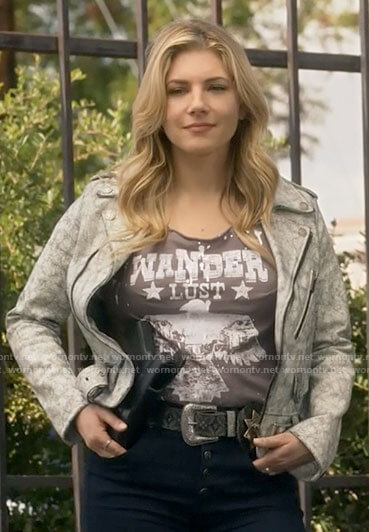 Jenny's white marbled leather jacket and Wanderlust t-shirt on Big Sky