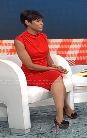 Jericka Duncan's red draped neck dress on CBS Mornings