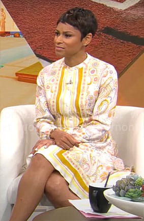 Jericka Duncan's yellow scarf print dress on CBS Mornings