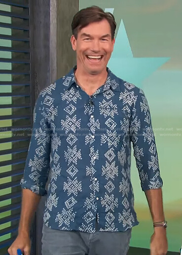 Jerry’s blue print long sleeve shirt on Access Hollywood
