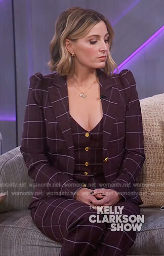 Jessica Knoll’s burgundy windowpane blazer on The Kelly Clarkson Show