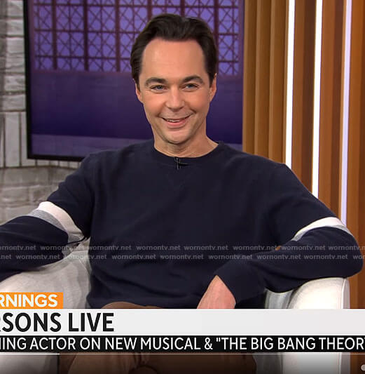 Jim Parson’s navy sweater with striped sleeves on CBS Mornings