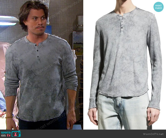 John Varvatos Waffle Mist-Wash Henley Shirt worn by Joey Johnson (Tanner Stine) on Days of our Lives