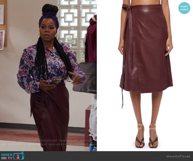 Jonathan Simkhai Bia Faux Leather A-Line Wrap Skirt worn by Amara Patterson (Kelly Jenrette) on All American Homecoming