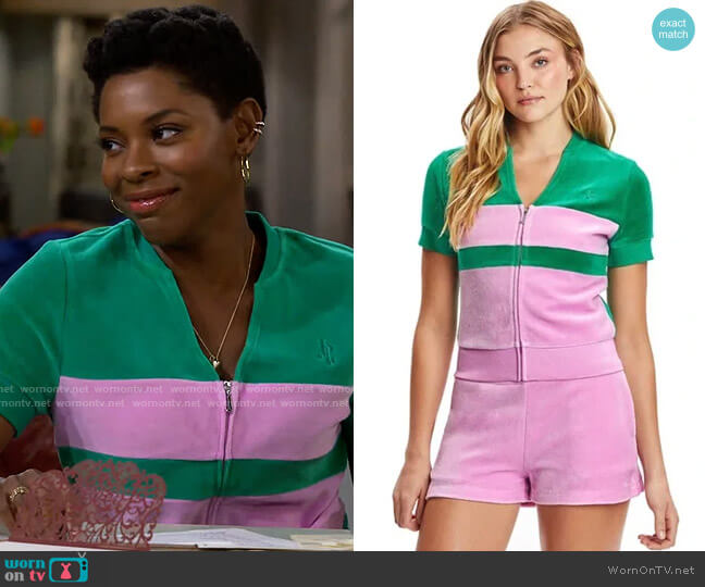 Juicy Couture Short Sleeve Colorblock Velour Track Jacket worn by Necie (Chelsea Harris) on The Neighborhood