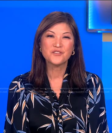 Juju Chang's black printed tie neck blouse on Good Morning America