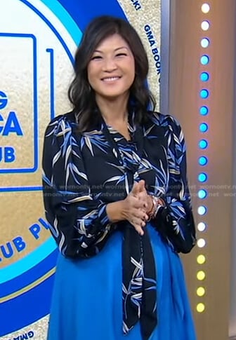 Juju Chang’s black printed tie neck blouse on Good Morning America