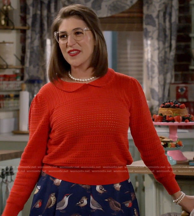 Kat's red collared sweater and bird print skirt on Call Me Kat