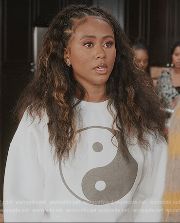 Keisha's white yin yang graphic sweatshirt on All American Homecoming