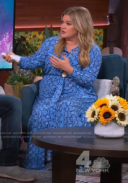 Kelly’s blue snake print shirtdress on The Kelly Clarkson Show