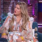 Kelly’s printed mini skirt and top on The Kelly Clarkson Show