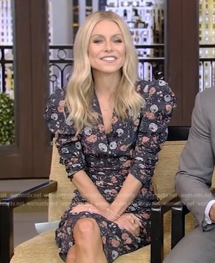 Kelly's navy floral ruched dress on Live with Kelly and Ryan