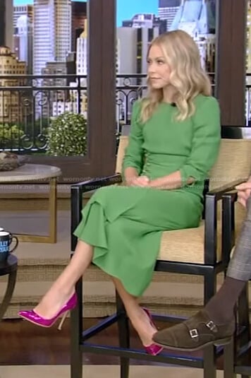 Kelly’s green side button detail dress on Live with Kelly and Ryan