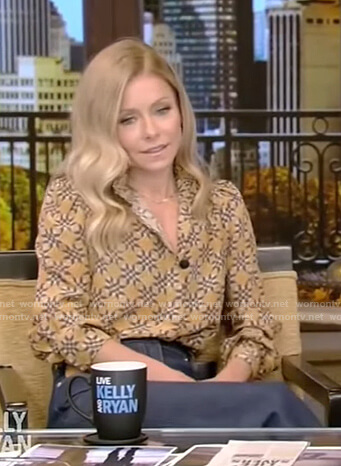 Kelly’s yellow printed blouse and jeans on Live with Kelly and Ryan