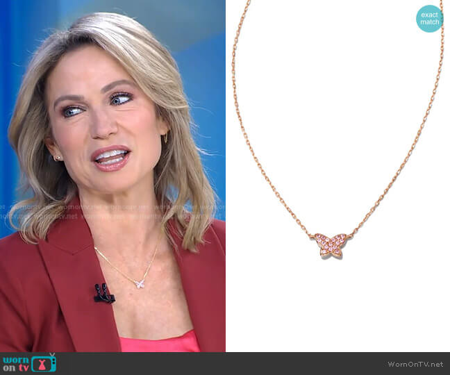 Kendra Scott Butterfly 14k Rose Gold Pendant Necklace in Pink Sapphire worn by Amy Robach on Good Morning America