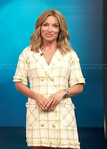 Kit’s white plaid tweed dress on Access Hollywood