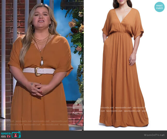 L'Agence Belina Metallic Surplice Maxi Dress worn by Kelly Clarkson on The Kelly Clarkson Show