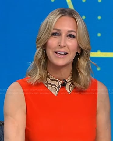 Lara’s orange sleeveless top with physon collar on Good Morning America