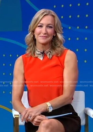 Lara’s orange sleeveless top with physon collar on Good Morning America