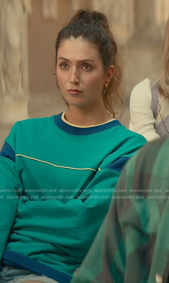 Lindsay's teal green sweatshirt on From Scratch