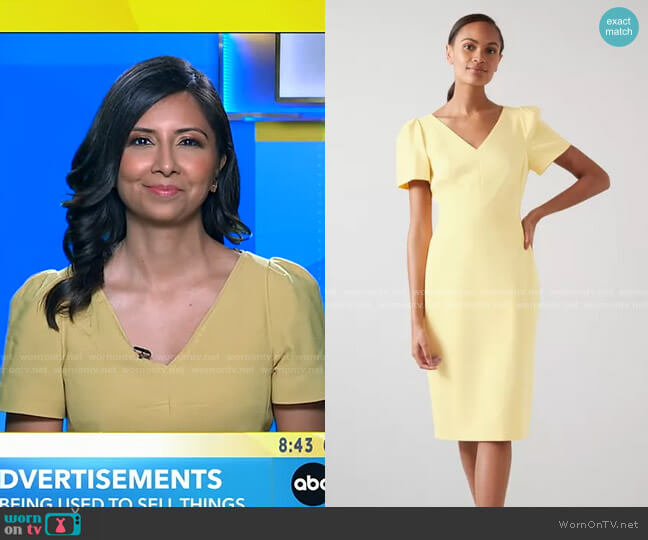 LK Bennett Rebecca Lemon Crepe Shift Dress worn by Zohreen Shah on Good Morning America
