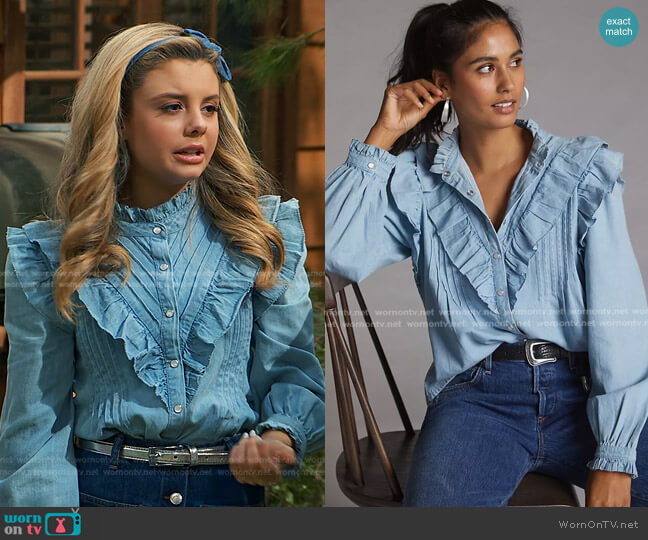 Love the Label Ruffled Chambray Buttondown worn by Destiny Baker (Mallory James Mahoney) on Bunkd