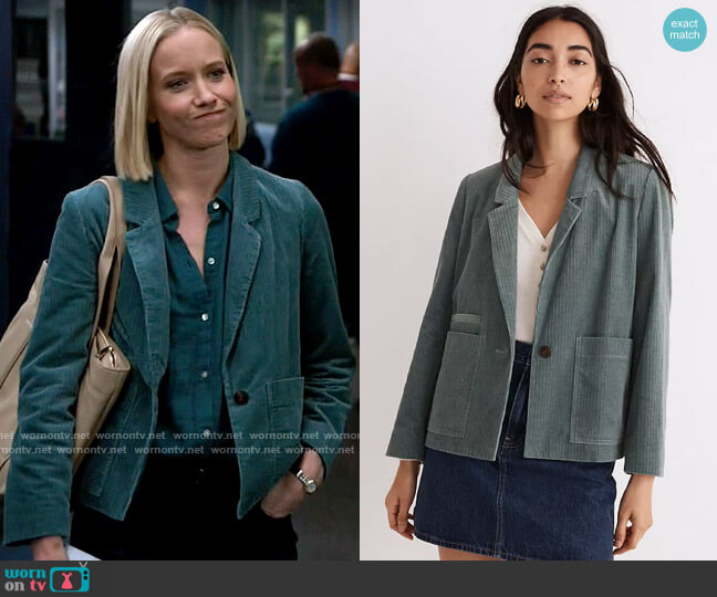 Madewell Corduroy Crop Dorset Blazer in Faded Shale worn by Hannah Asher (Jessy Schram) on Chicago Med