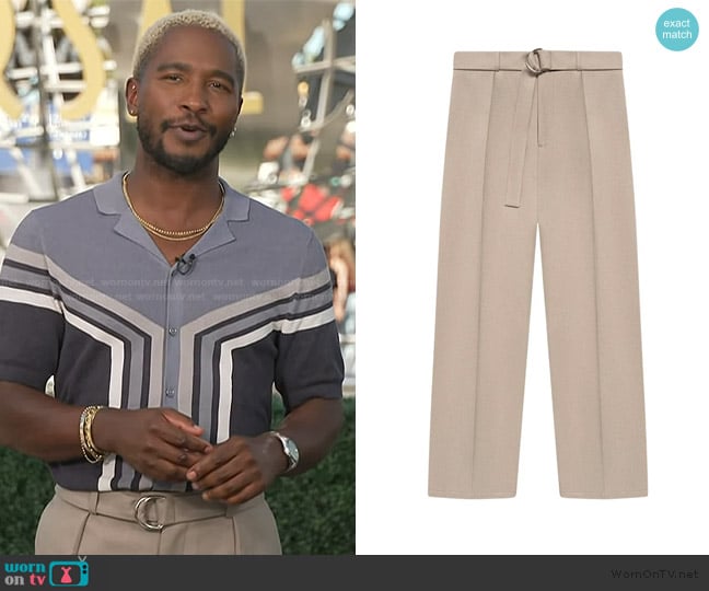 Maniere De Voir Louis textured belted tailored trousers worn by Scott Evans on Access Hollywood