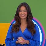 Manuela’s blue satin maternity wrap dress on The Price is Right