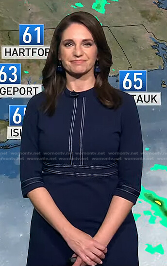 Maria’s navy dress with white stitching on Today