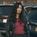 Mel’s cropped leather jacket and jeans on The Equalizer