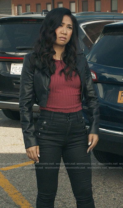 Mel's cropped leather jacket and jeans on The Equalizer