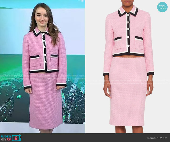 Miu Miu Tweed Contrast-Trim Crop Jacket and Skirt worn by Kaitlyn Dever on Today