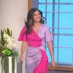 Monica Barbaro’s pink colorblock satin dress on The Talk