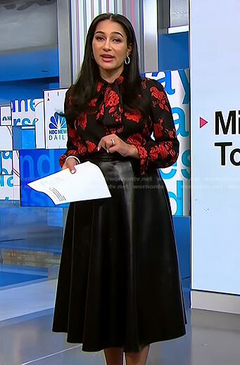 Morgan’s black and red print tie neck blouse on NBC News Daily