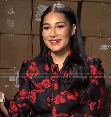 Morgan’s black and red print tie neck blouse on NBC News Daily