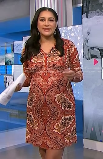 Morgan’s red printed ruched dress on NBC News Daily