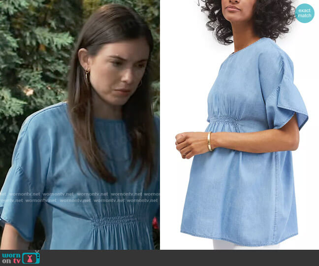 Motherhood Maternity Smocked Chambray Maternity Top worn by Willow Tait (Katelyn MacMullen) on General Hospital