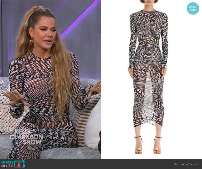 Mugler Star Print Ruched Long Sleeve Mesh Midi Dress worn by Khloe Kardashian on The Kelly Clarkson Show